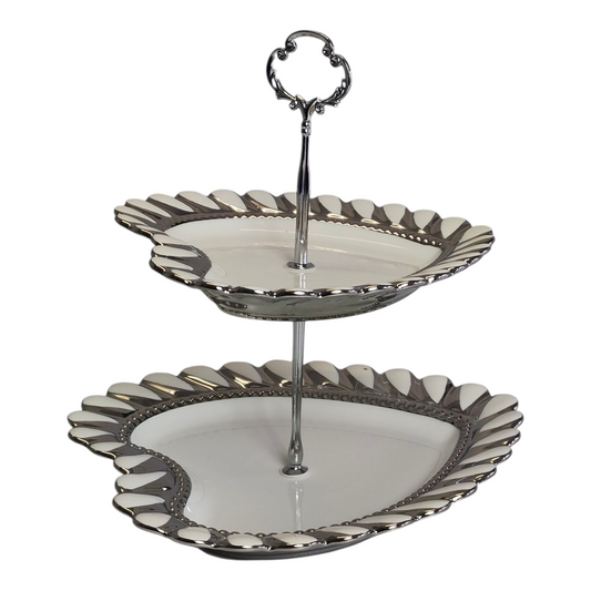 Soporte de 2 Niveles en Forma de Corazón Plateado — Bandejas Elegantes para Postres y Decoración