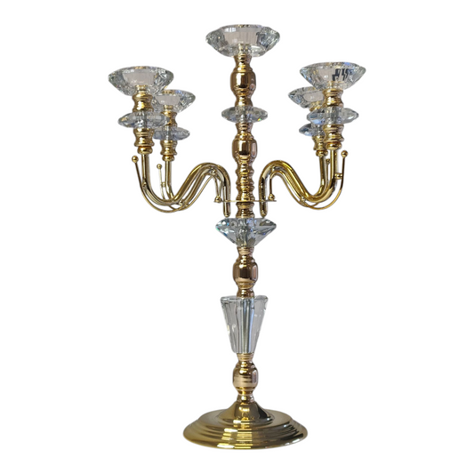 Candelabro de 5 Brazos en Metal Dorado y Cristal Tallado – 45 cm