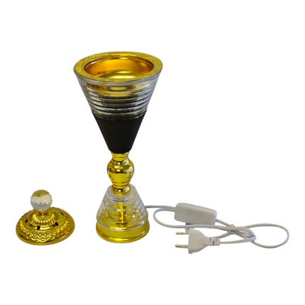 Queimador de incenso elétrico dourado e preto — Design em cristal com detalhes luxuosos