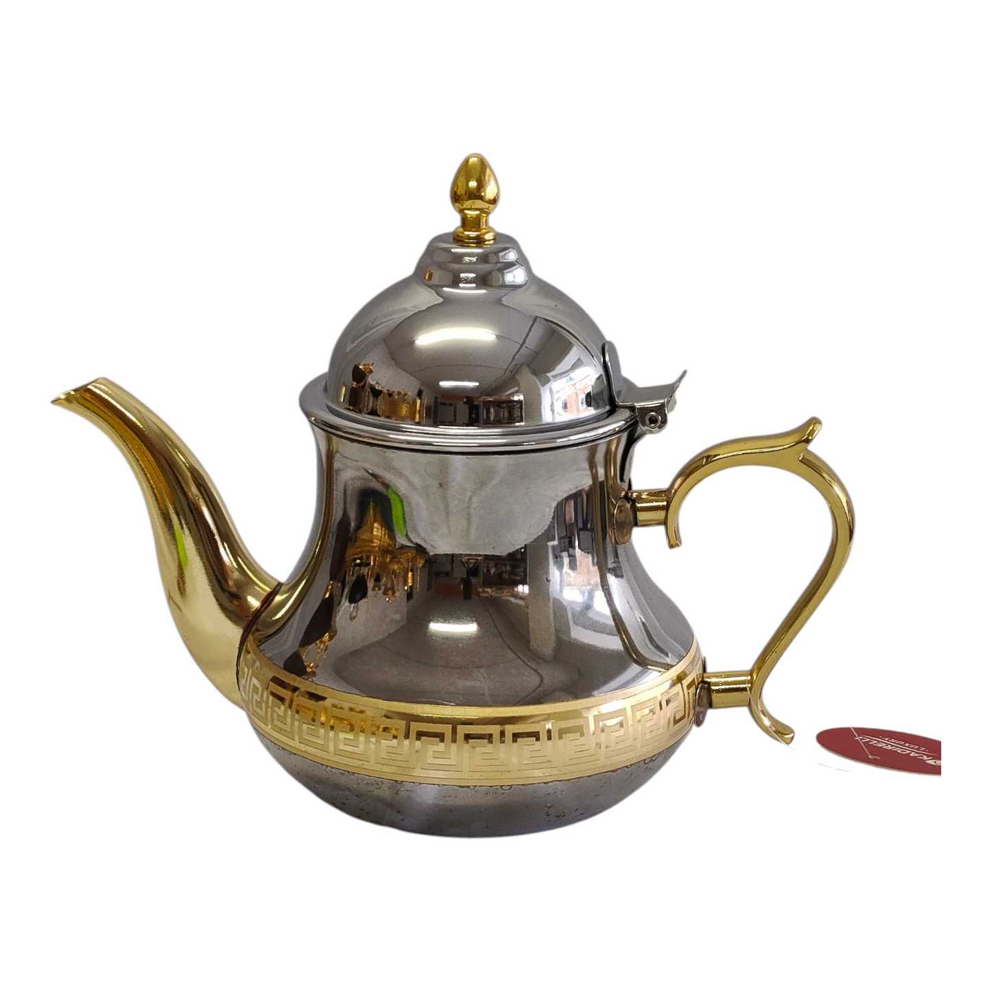 Tetera marroquí de acero inoxidable con detalles dorados, tapa con bisagra y pico antigoteo