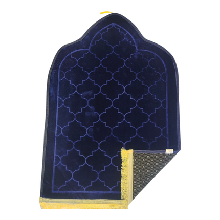 Tapete de oração Sajjada azul-marinho com franjas douradas 