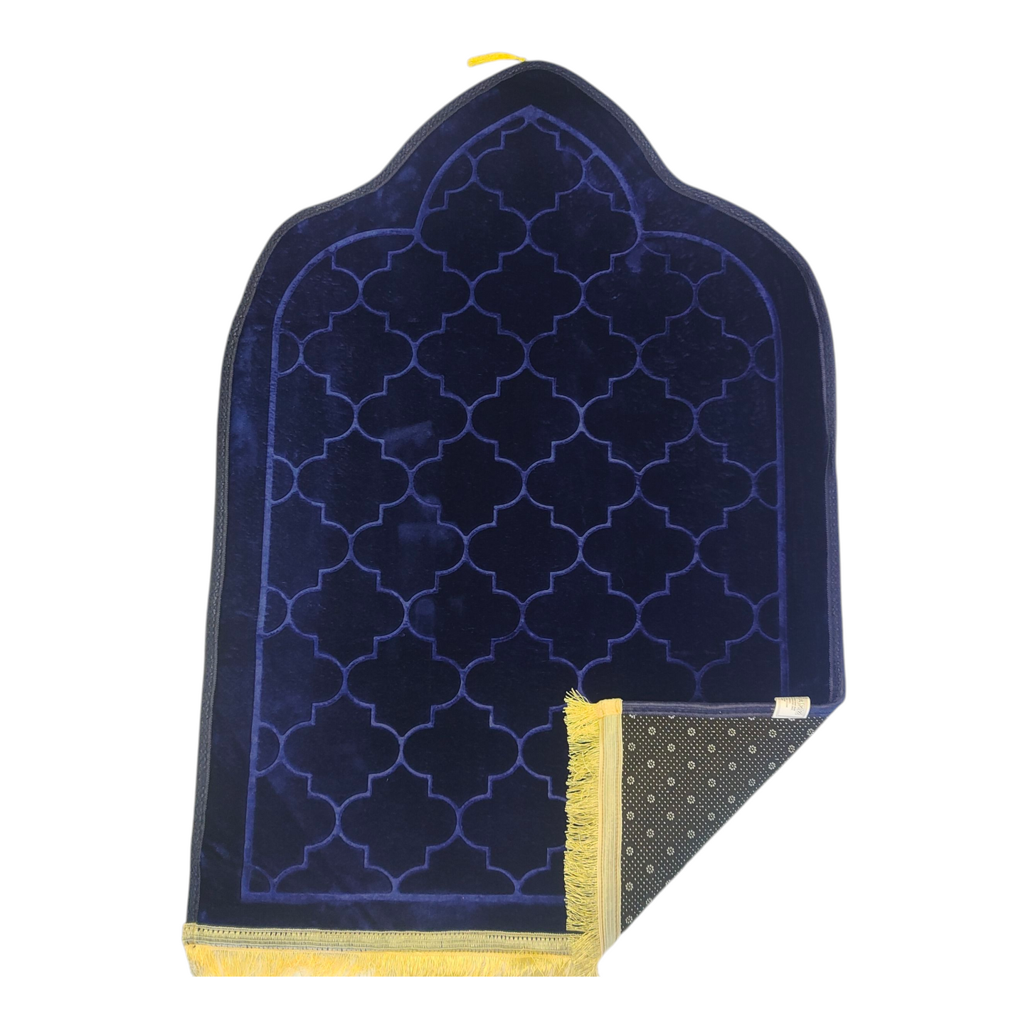 Alfombra de Rezo Sajjada Azul Marino con Flecos Dorados