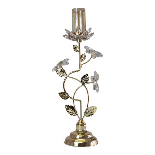 Portavelas de Cristal y Metal Dorado con Diseño Floral Decorativo
