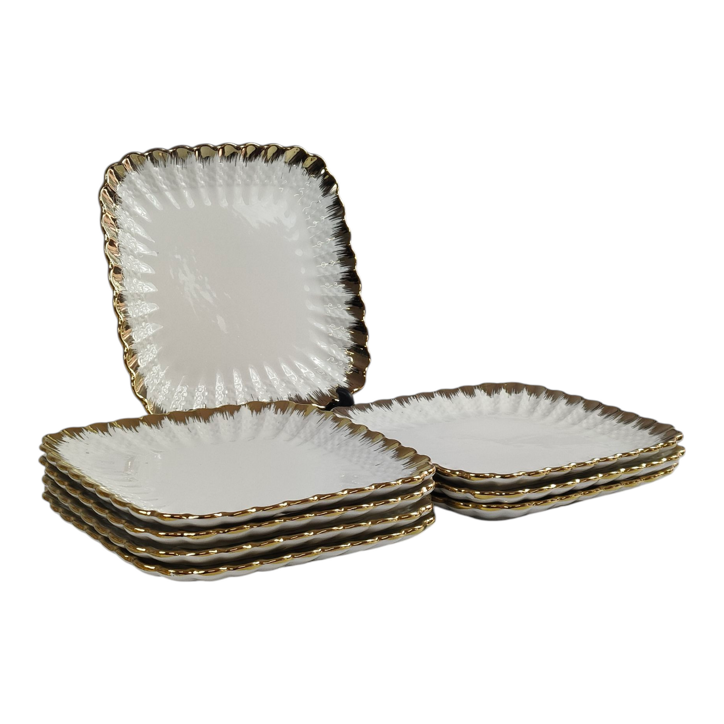 🟡 Set de 8 Platos Cuadrados con Borde Dorado 19,5cm x 19,5cm – Estilo Elegante y Sofisticado