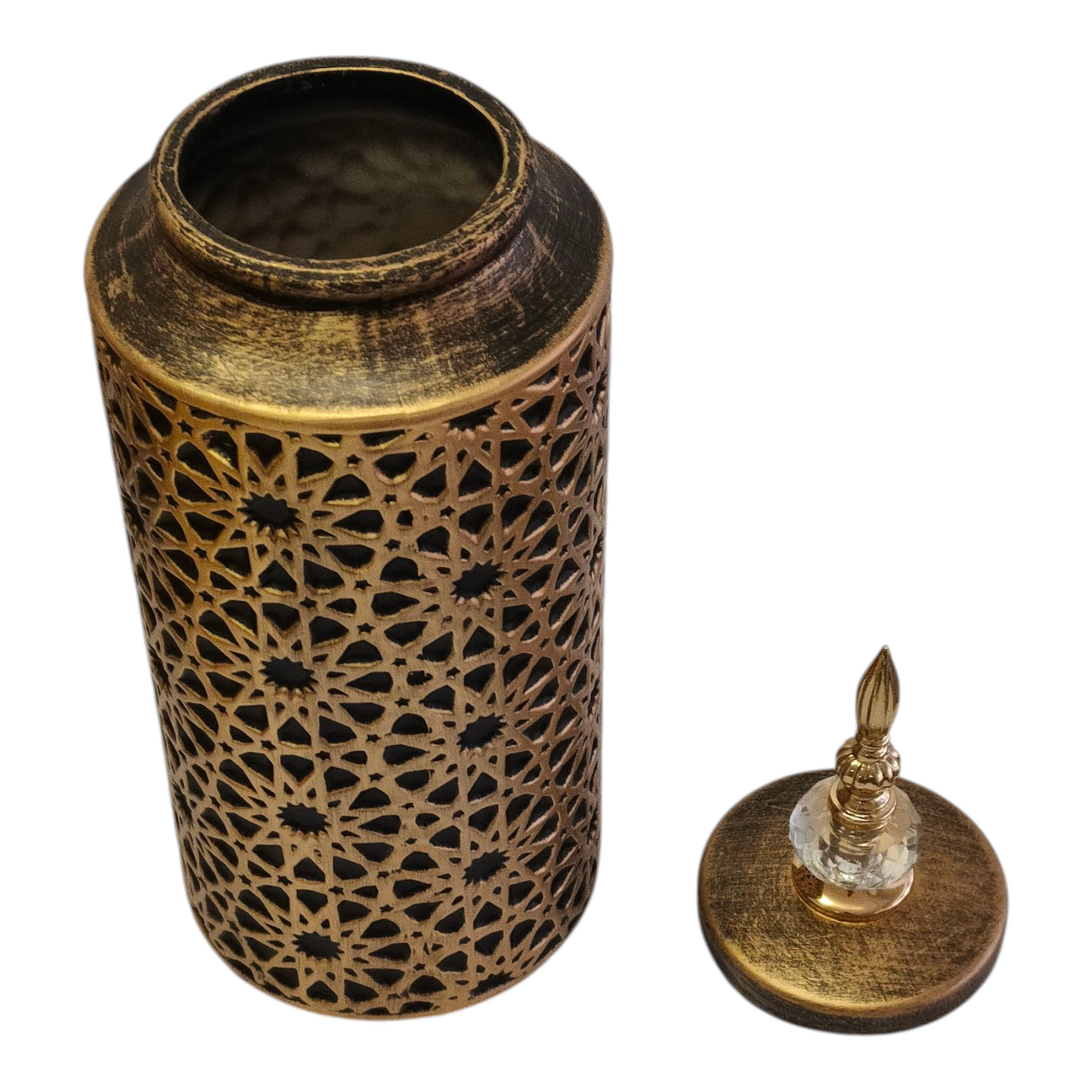 Jarrón Decorativo Árabe Dorado Oscuro con Tapa y Detalle de Cristal – 45cm