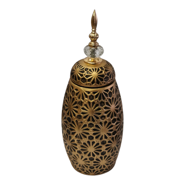 Jarrón Decorativo Árabe Dorado con Tapa y Detalle de Cristal – Diseño Floral Tallado 40cm