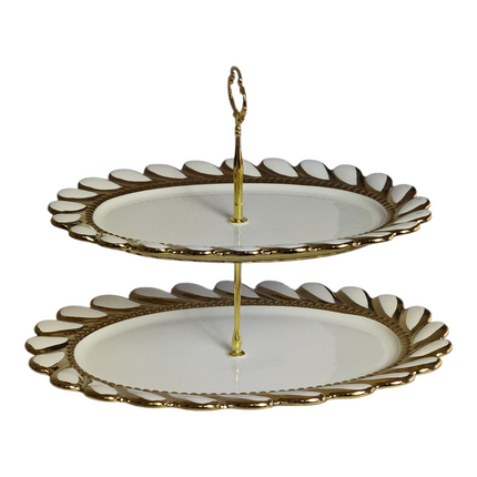 🍰 Suporte para Bolo de Porcelana de Dois Andares com Borda Dourada — Elegância e Estilo para a Sua Mesa ✨