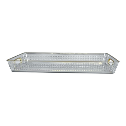 Bandeja Rectangular Transparente con Borde Dorado – Asa Dorada Elegante – Plástico Reforzado