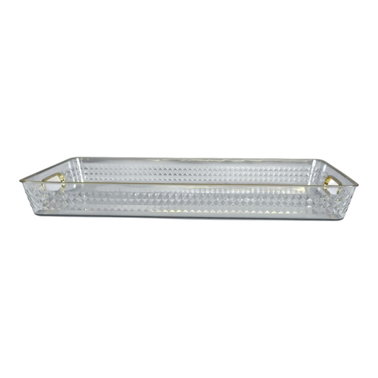 Bandeja Rectangular Transparente con Borde Dorado – Asa Dorada Elegante – Plástico Reforzado