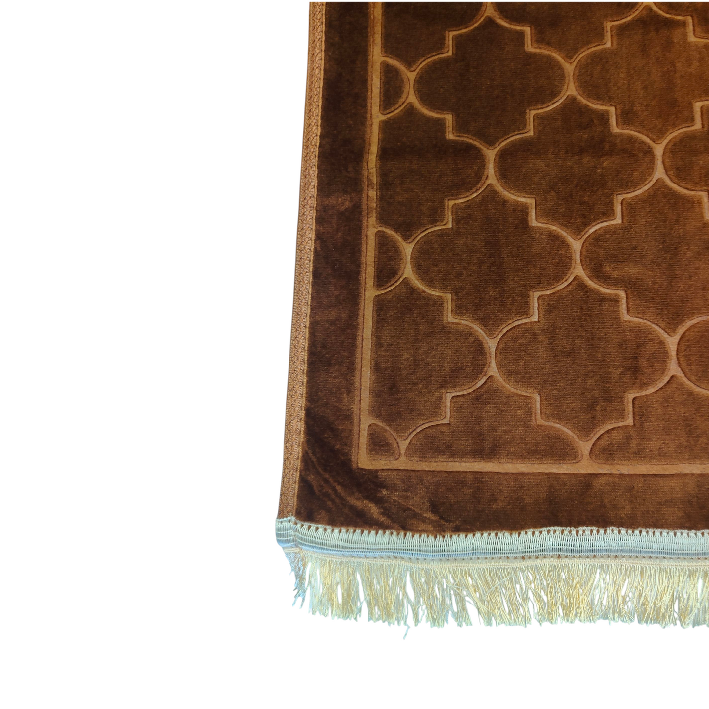 Alfombra de Rezo Sajjada Marrón Chocolate con Flecos Dorados