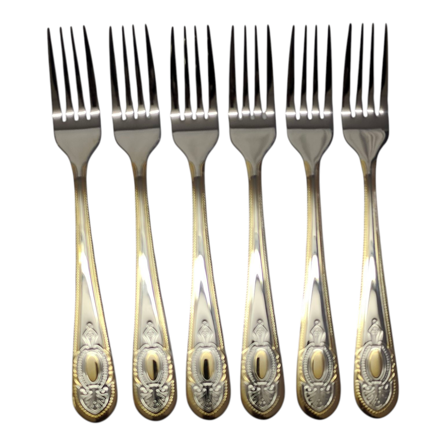 Set de 6 Tenedores de Mesa – Acero Inoxidable con Grabado y Borde Dorado