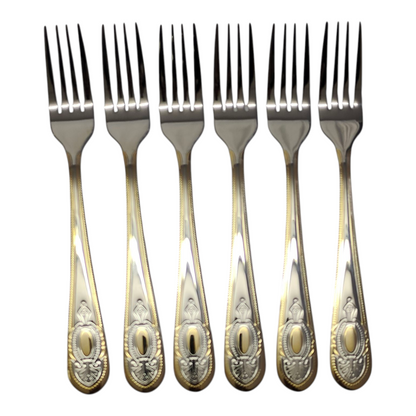 Set de 6 Tenedores de Mesa – Acero Inoxidable con Grabado y Borde Dorado