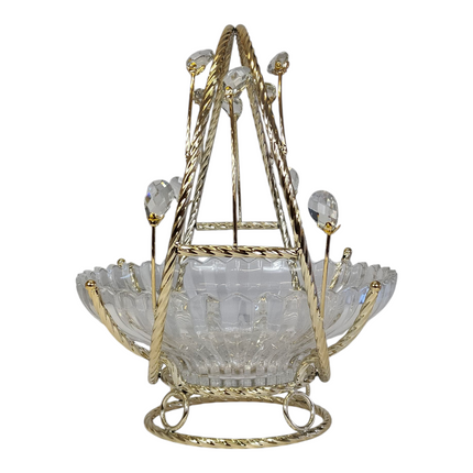 Frutero de Cristal con Asa Dorada y Detalles Decorativos – 28 cm