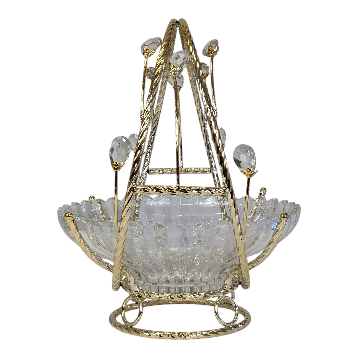 Frutero de Cristal con Asa Dorada y Detalles Decorativos – 28 cm