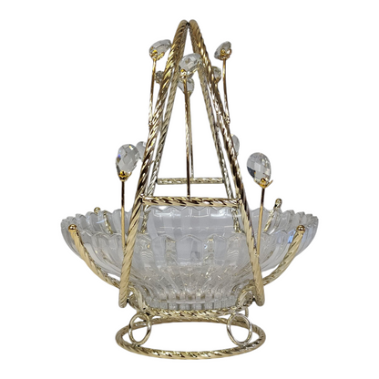 Frutero de Cristal con Asa Dorada y Detalles Decorativos – 28 cm