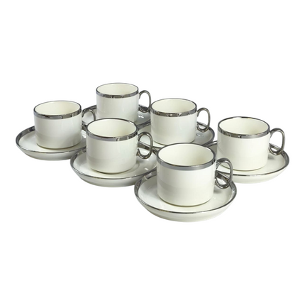 ☕ Conjunto de 6 chávenas e pires elegantes com detalhes prateados para café ou chá 🍵