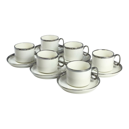 ☕ Set de 6 Tazas con Platillos Elegantes – Detalle Plateado para Café o Té 🍵