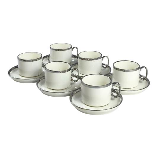 ☕ Set de 6 Tazas con Platillos Elegantes – Detalle Plateado para Café o Té 🍵