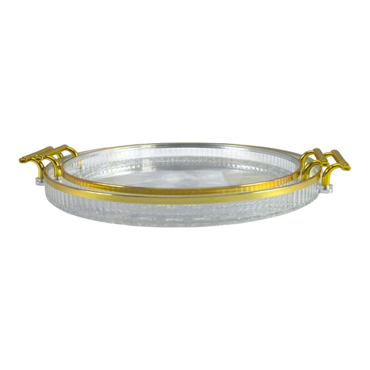 🍽️ Set de 2 Bandejas Redondas Transparentes con Asas Doradas – Estilo y Elegancia en tu Mesa 💛