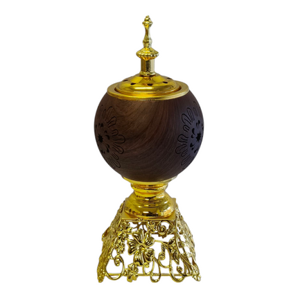 Incensário árabe dourado e em madeira — Design luxuoso com base vazada
