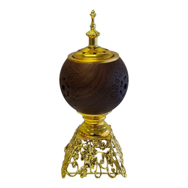 Incensário árabe dourado e em madeira — Design luxuoso com base vazada