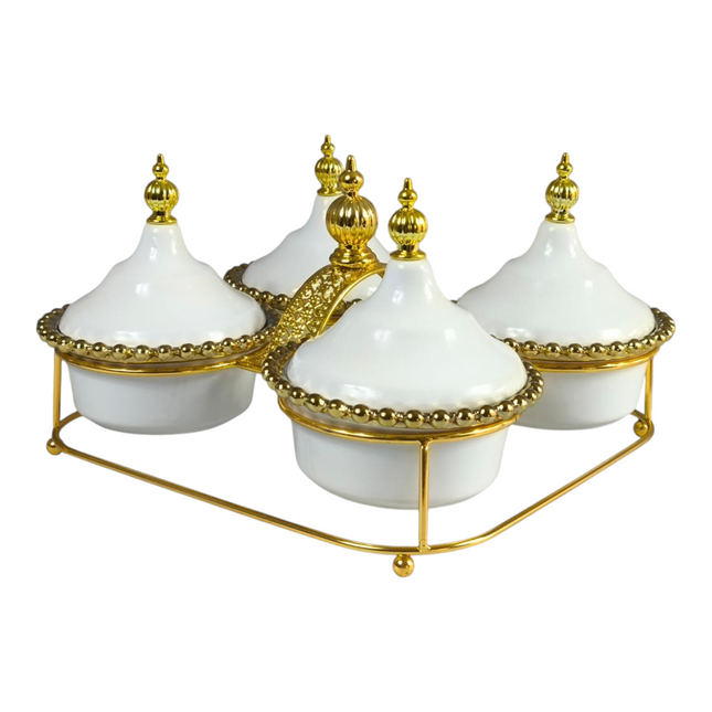 Set of 4 Mini Ceramic Tagines with Gold Details and Metal Stand
