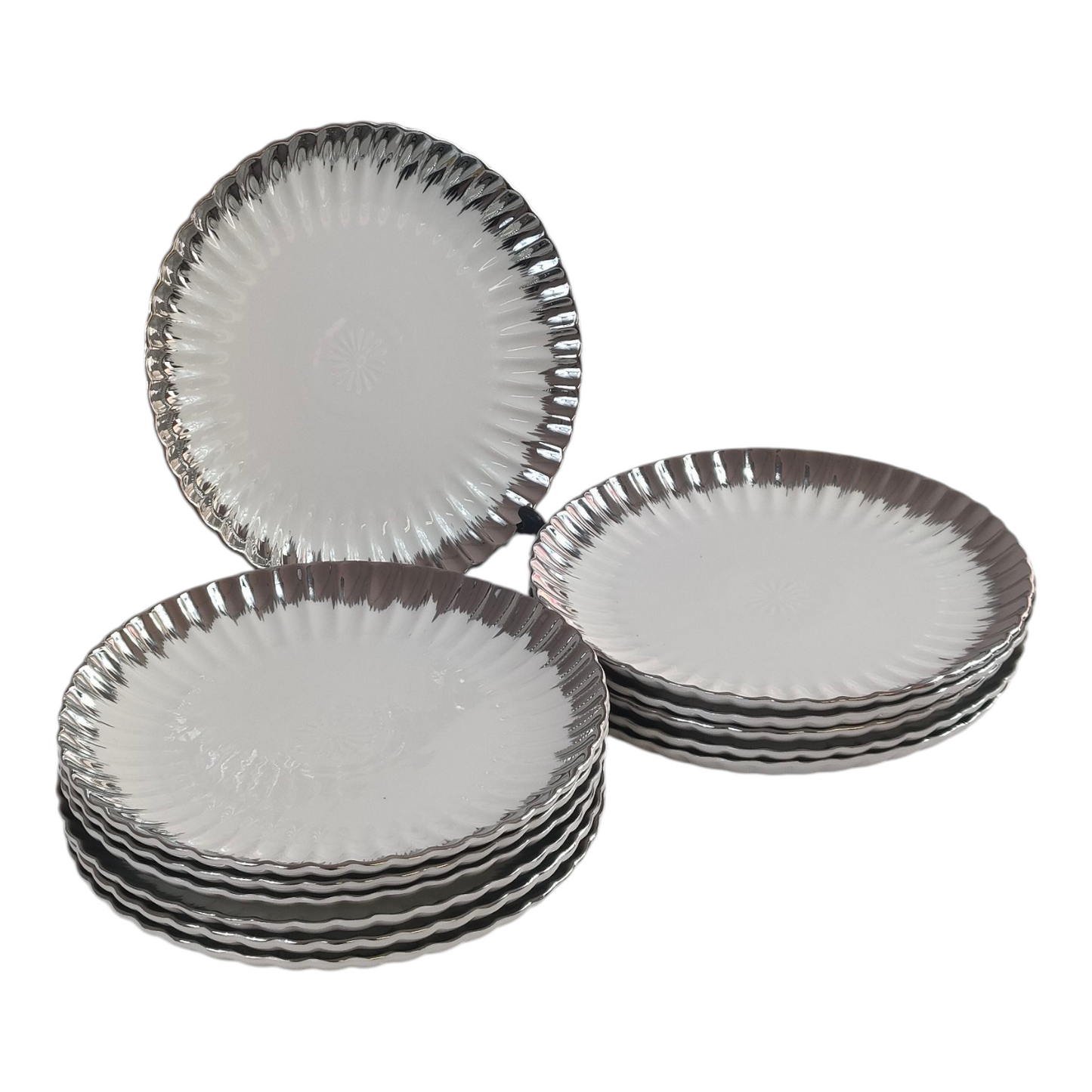 Set de 12 Platos Redondos Elegantes con Borde Plateado ✨ Vajilla Moderna y Sofisticada