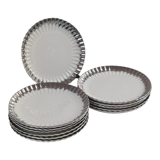 Set de 12 Platos Redondos Elegantes con Borde Plateado ✨ Vajilla Moderna y Sofisticada