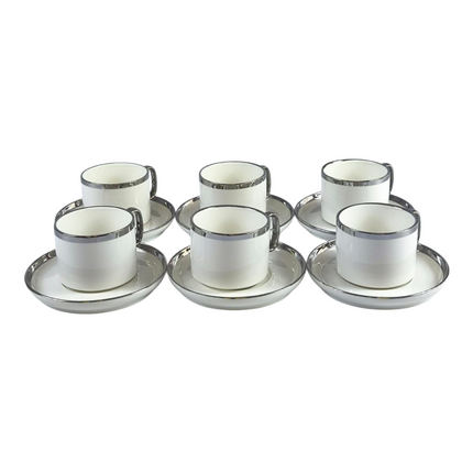 ☕ Conjunto de 6 chávenas e pires elegantes com detalhes prateados para café ou chá 🍵