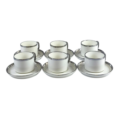 ☕ Set de 6 Tazas con Platillos Elegantes – Detalle Plateado para Café o Té 🍵