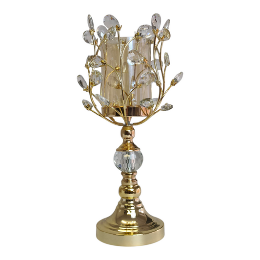 Portavelas de Cristal y Metal Dorado con Diseño de Ramas y Gotas Brillantes