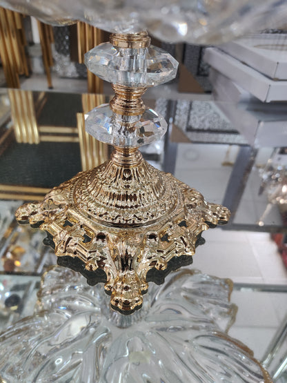 Frutero de cristal ondulado con base dorada