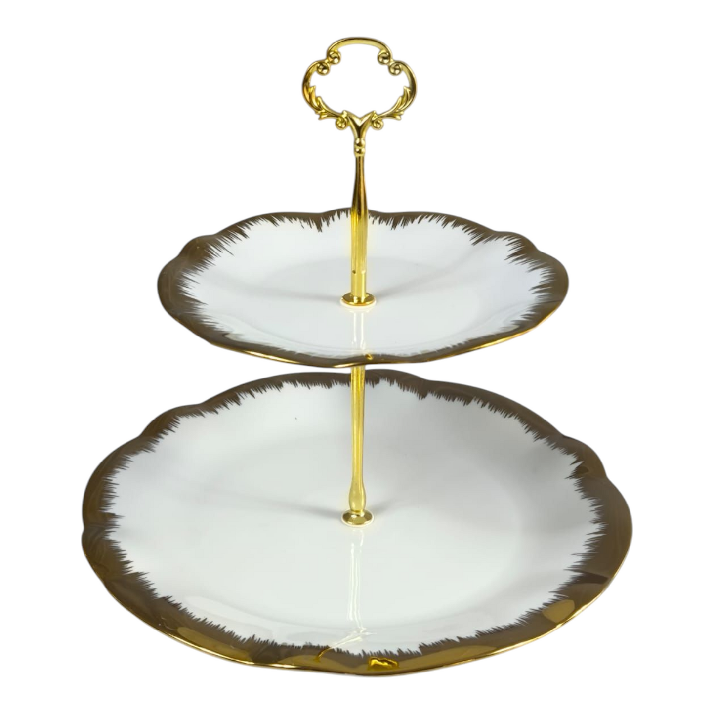 Soporte de 2 Pisos para Dulces y Aperitivos 🍰✨ Porcelana Blanca con Borde Dorado
