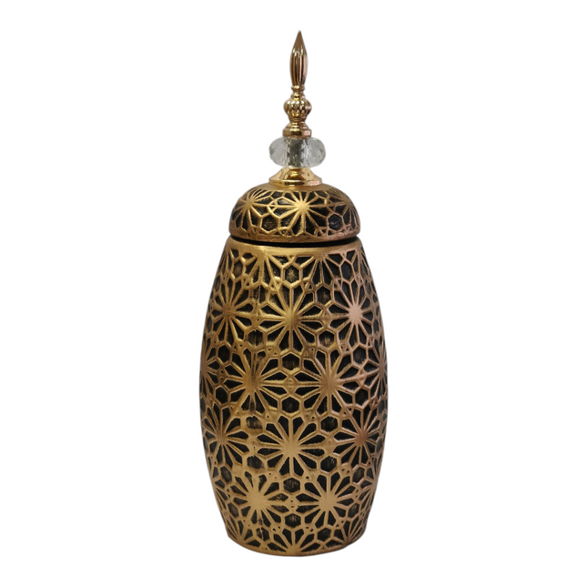Jarrón Decorativo Árabe Dorado con Tapa y Detalle de Cristal – Diseño Floral Tallado 40cm