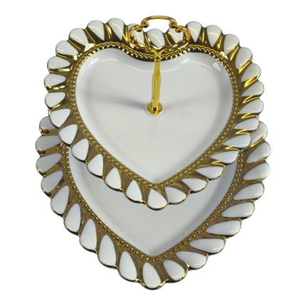 🍰 Suporte para Bolo de 2 Andares em Forma de Coração – Cerâmica Branca com Detalhes Dourados 💛