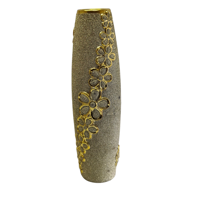 Jarrón Decorativo Alto Plata con Flores Doradas en Relieve – Estilo Lujo