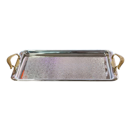 Bandeja Rectangular Plateada con Asas Doradas de Lujo