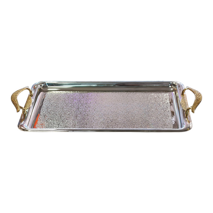 Bandeja Rectangular Plateada con Asas Doradas de Lujo
