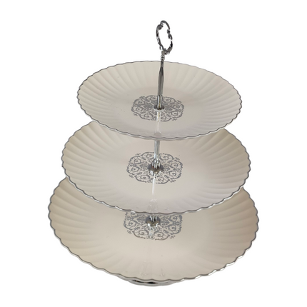 🍰 Bandeja expositora de plástico de 3 andares com design elegante – Cor marfim e prata