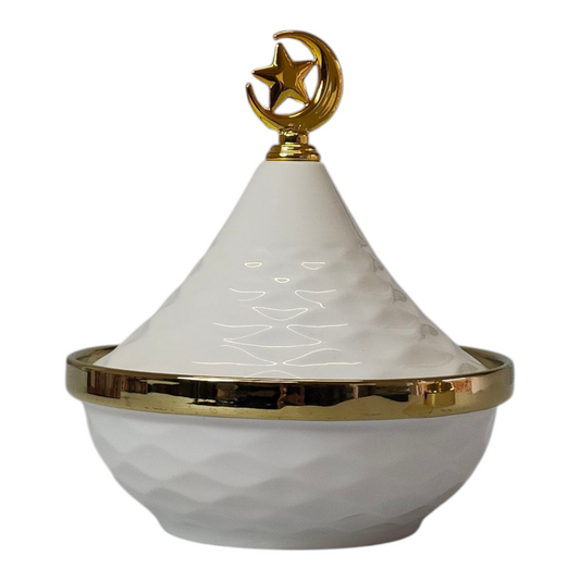 Mini Tajine Decorativo Blanco con Borde Dorado y Luna - 12,5cm 🌙✨