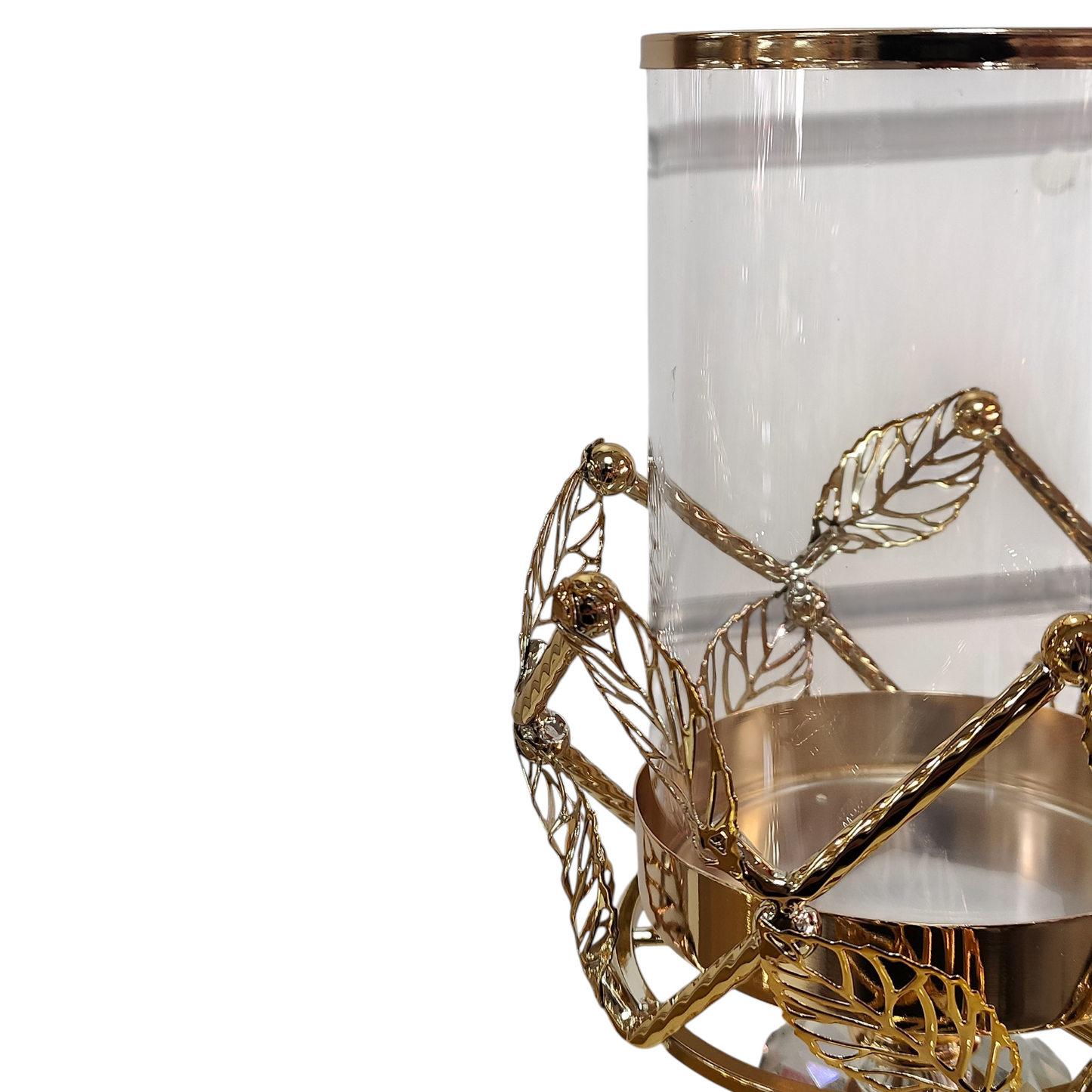 Portavelas de Cristal y Metal Dorado con Hojas Decorativas – 30 cm