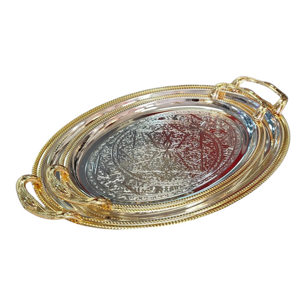 Bandeja oval bicolor gravada em prata e ouro