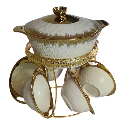 Soup Set with 6 Porcelain Cups and Gold Base — Elegant White and Gold Design