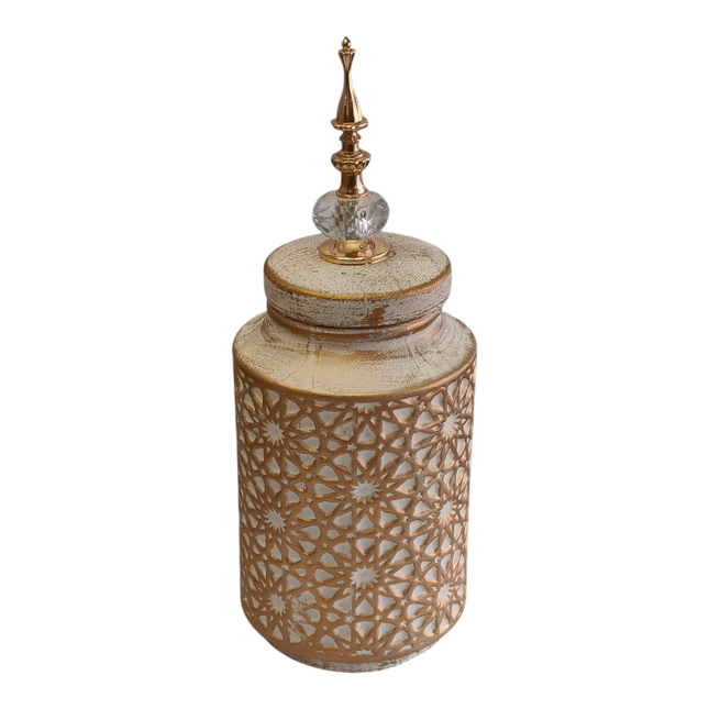 Jarrón Decorativo Árabe Dorado y Blanco con Tapa –37cm