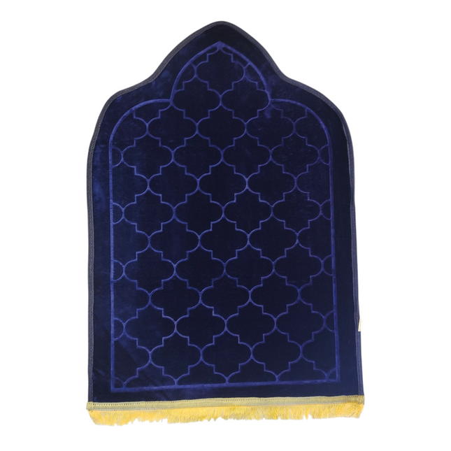 Tapete de oração Sajjada azul-marinho com franjas douradas 
