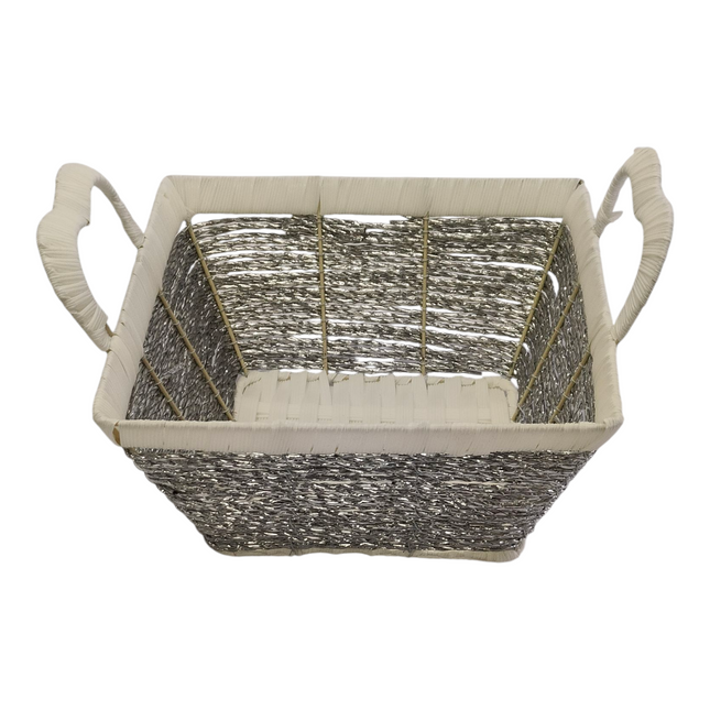 Woven Organizer Basket with Handles — Rectangular Silver/Beige