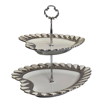 Soporte de 2 Niveles en Forma de Corazón Plateado — Bandejas Elegantes para Postres y Decoración