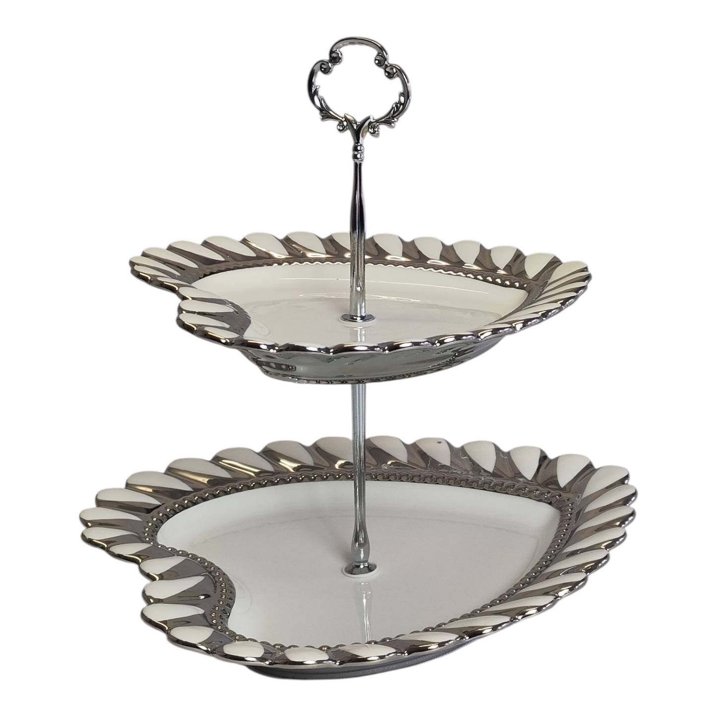 Soporte de 2 Niveles en Forma de Corazón Plateado — Bandejas Elegantes para Postres y Decoración