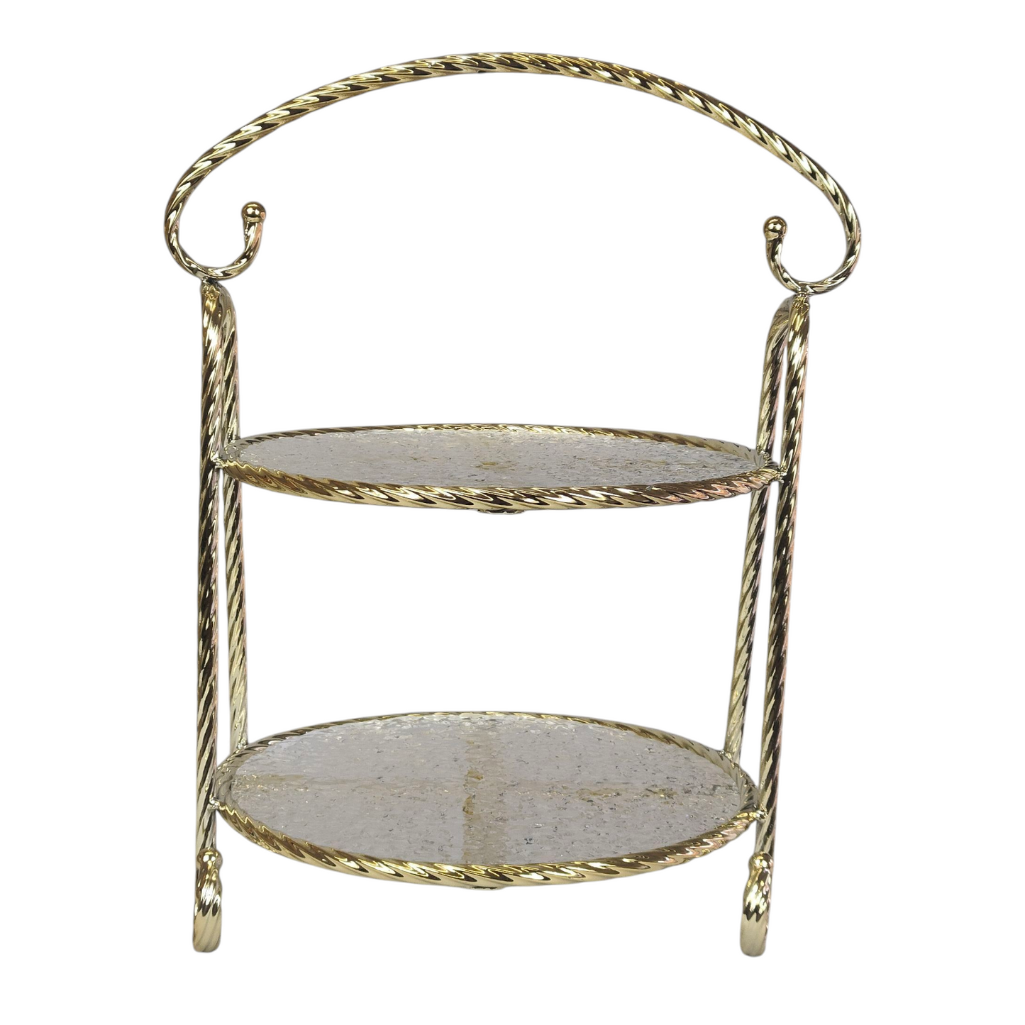 Soporte Decorativo de 2 Niveles con Bandejas de Cristal y Marco Dorado — Elegancia Clásica para tu Hogar