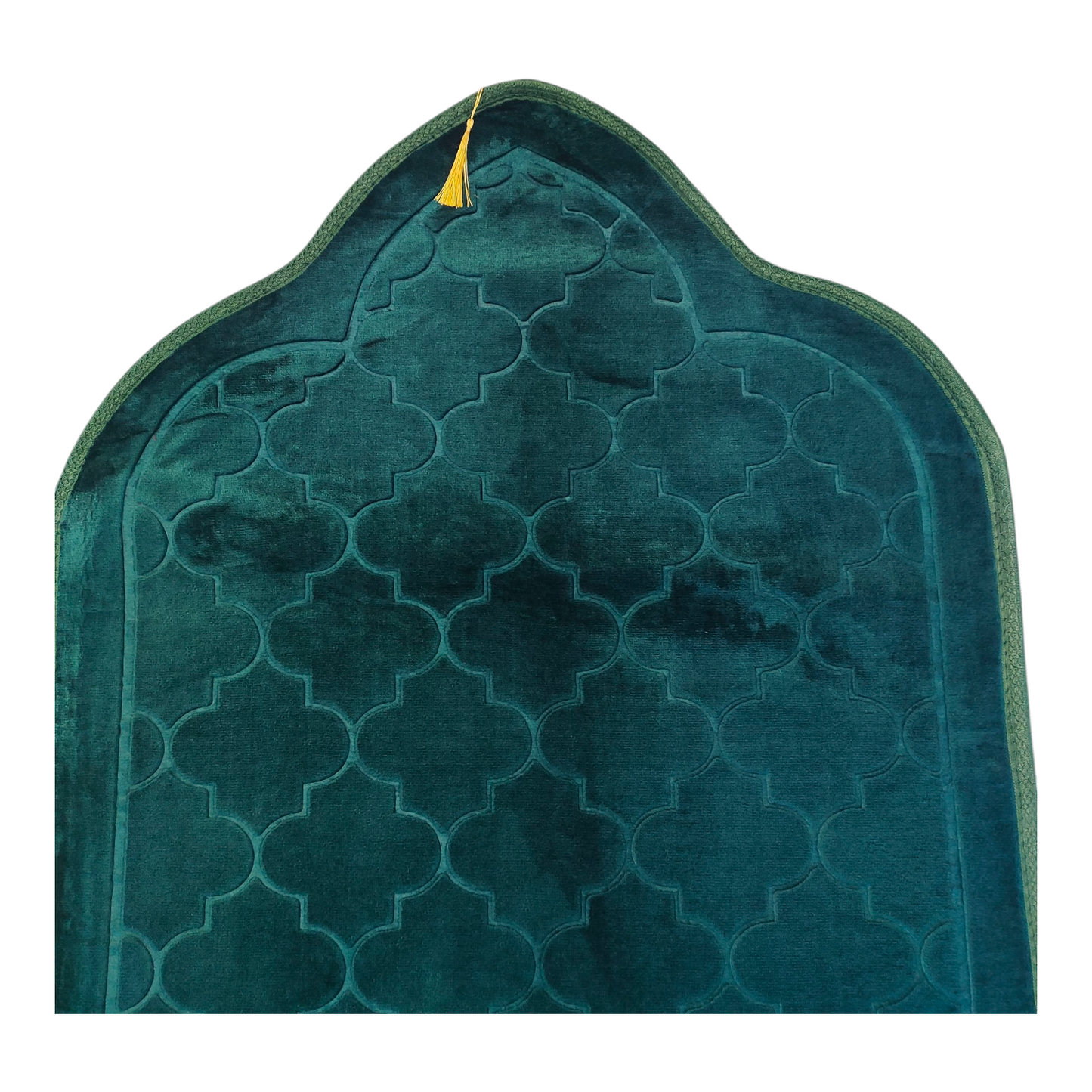 Alfombra de Rezo Sajjada Verde Esmeralda con Flecos Dorados